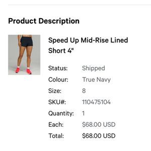 Lululemon 4'' Navy Shorts Size 8